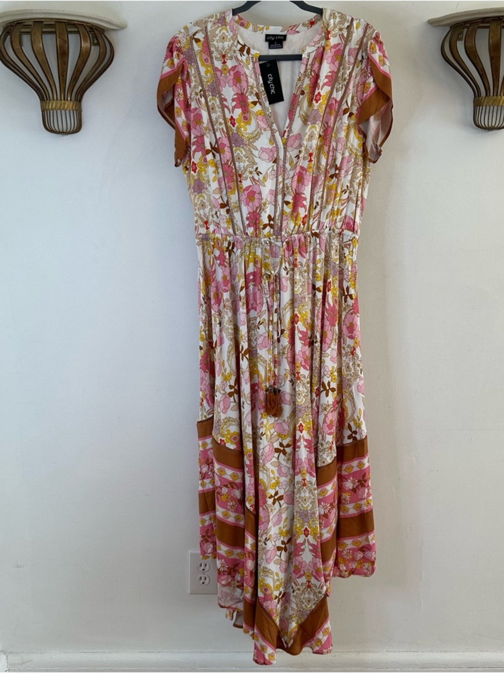 City Chic Boho Floral Paisley V-Neck Maxi Sky Dress, Viscose, Flowy, Western
